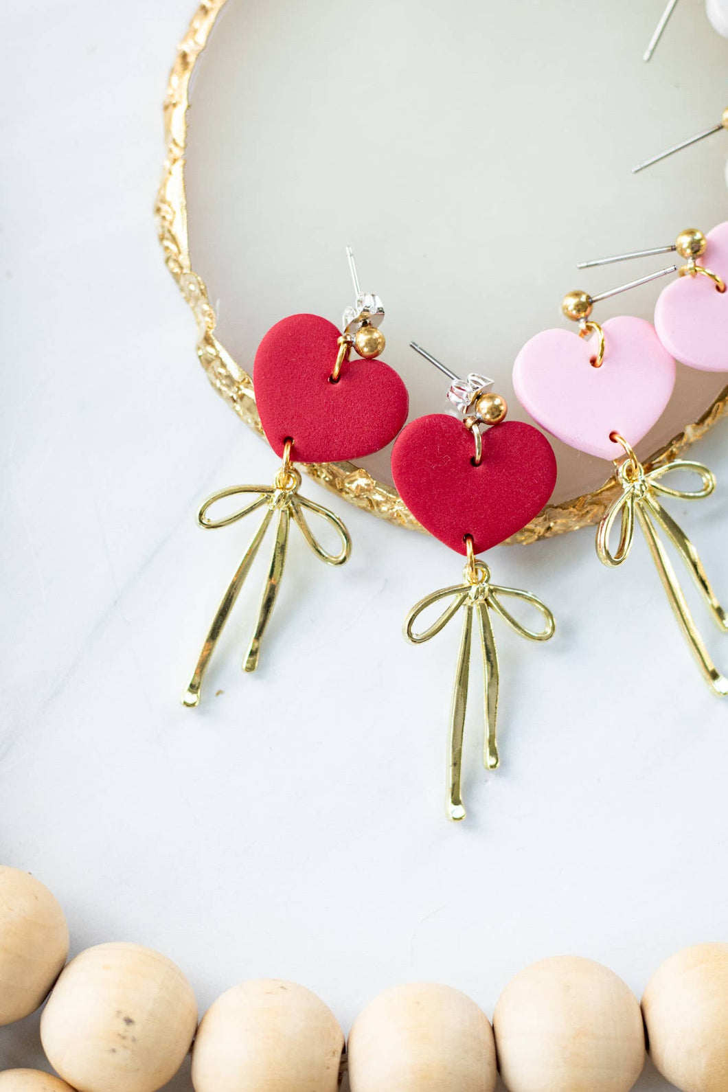 Heart Gold Bow Dangles: Red