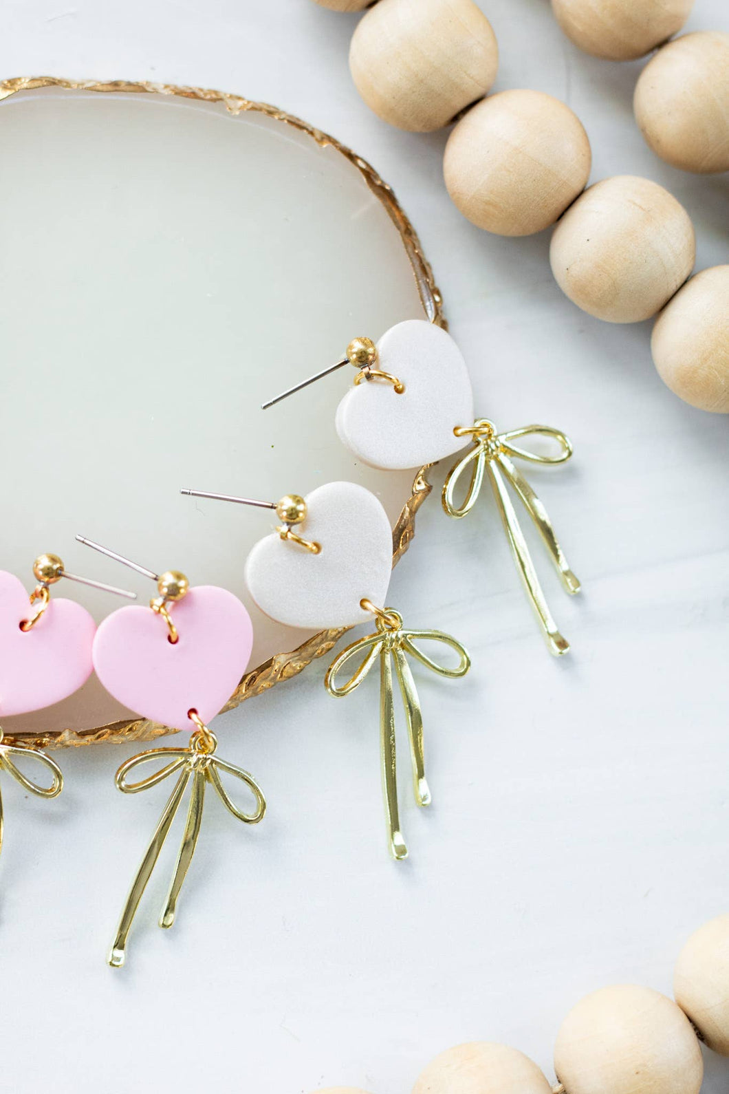 Heart Gold Bow Dangles: Pearl